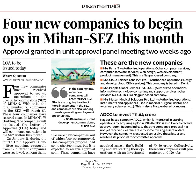 Four new companies to being ops in Mihan-SEZ this month